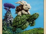 tableau représentant un lapin chevauchant une tortue, un parapluie violet à la main