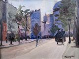 a painting of a man riding a horse drawn carriage down the street
