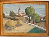 an oil painting of a village with a church in the background