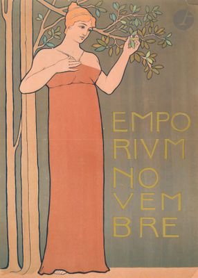 l'image d'une femme vêtue d'une robe orange tenant une branche d'arbre