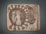 a picture of a tile with a woman and a fish on it