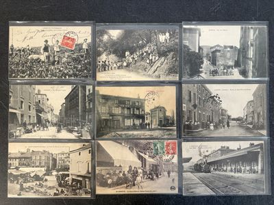 several old black and white photos of a city street and buildings
