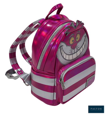 the back of a pink backpack with a picture of alice the cat on it