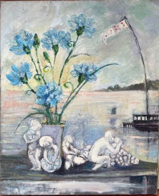 a painting of blue flowers in a vase on a table