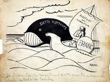 a drawing of a whale in the water with a boat