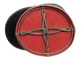 a picture of a red and black belt buckle with a cross on it