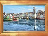 a painting of boats in a harbor with buildings in the background