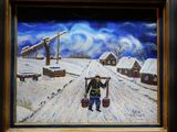 painting of a man carrying two buckets down a snowy road