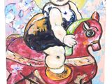 tableau représentant un enfant sur un cheval à bascule, avec un soleil en arrière-plan