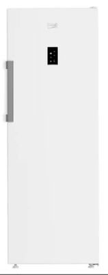the refrigerator is white and has a black button on the door