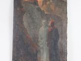 an old painting of a man and a woman standing in front of a mountain