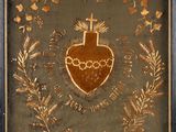 an image of a painting of a sacred heart surrounded by flowers and leaves