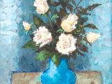 a painting of a blue vase with white flowers on a table