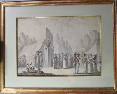 peinture d'un groupe de personnes devant un bâtiment