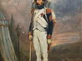 un vieux tableau représentant un homme en uniforme militaire tenant un fusil