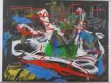abstract painting of a man on a motorbike with red, green, and blue paint