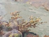 a watercolor painting of a mountain scene with rocks and trees