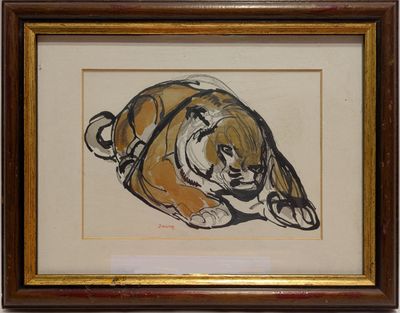 painting of a tiger laying down in a frame on a wall