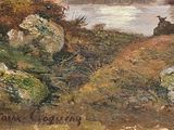 a painting of a cow laying down by the water