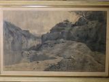 peinture représentant un paysage de montagne avec une rivière au premier plan