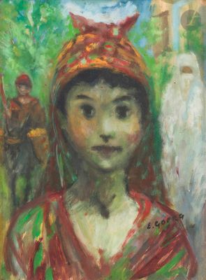 an oil painting of a woman in a red dress and a bird on her head