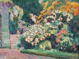 an oil painting of a garden with flowers in the foreground