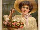 tableau représentant une femme coiffée d'un chapeau de paille et tenant un panier de fleurs