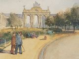 a watercolor painting of a couple of people walking in a park