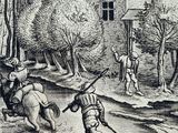 a black and white drawing of a man riding a horse