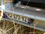 a truck that is parked in the grass with a license plate on it