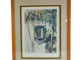 framed watercolor painting of a window and palm tree in a tropical setting