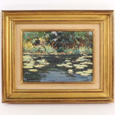 an oil painting of a pond with lily pads and trees in the background