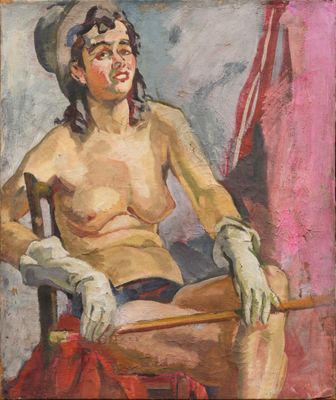 an oil painting of a woman sitting in a chair in front of a american flag