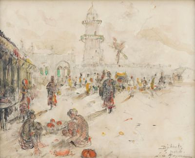 dessin représentant une scène de rue avec des personnes assises par terre et une tour horloge en arrière-plan