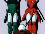 Trois personnages de dessin animé se tiennent côte à côte, les bras levés.