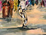 a painting of a man in a costume walking down the street
