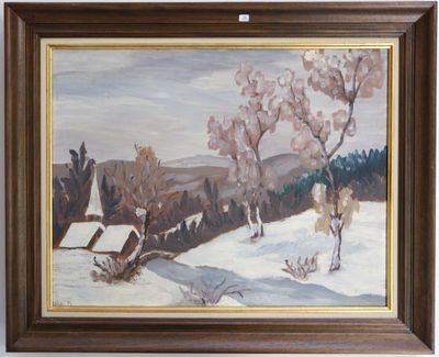 an oil painting of a snowy landscape with a house in the background