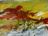 abstract painting of a landscape with red, yellow, and green colors