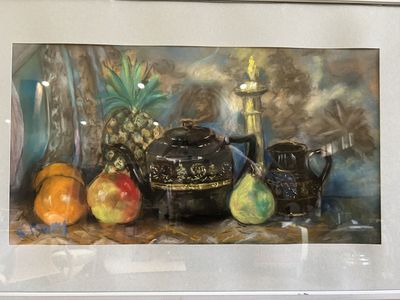 B. Davy Pastel gras sur papier, nature morte à l'ananas 54x2…