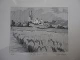 dessin au crayon représentant un paysage avec une église au loin