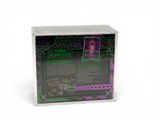 a clear box with a purple and green design on it