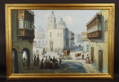 tableau représentant une scène de rue avec une calèche au premier plan et une église à l'arrière-plan