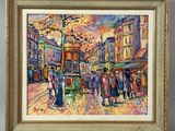 une peinture à l'huile représentant une scène de rue en ville avec des passants