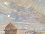 pastel painting of a rural scene with a hut and a road