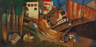 painting of a painting of a boat with a crane in the background
