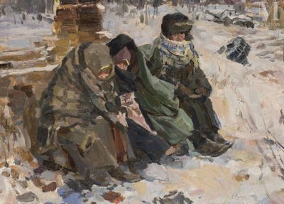 a painting of two people sitting on a bench in the snow