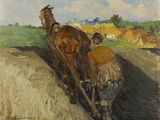 une image représentant un tableau où l'on voit un homme labourant un champ avec deux chevaux