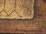 a painting of a man and a woman standing on a piece of wood