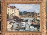 an oil painting of boats in a harbor with buildings in the background
