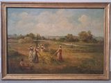 painting of a group of people working in a field with a dog